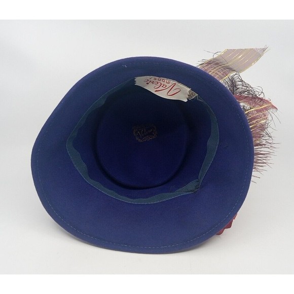 Vintage Valerie Modes Genuine Velour Imported Fur Hat - Purple Feathers 22 1/2 - Picture 4 of 4